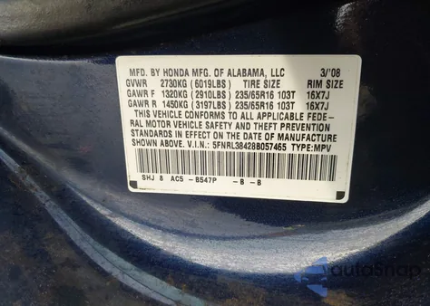 2008 Honda Odyssey Ex z USA, uszkodzony, nr VIN 5FNRL38428B057465